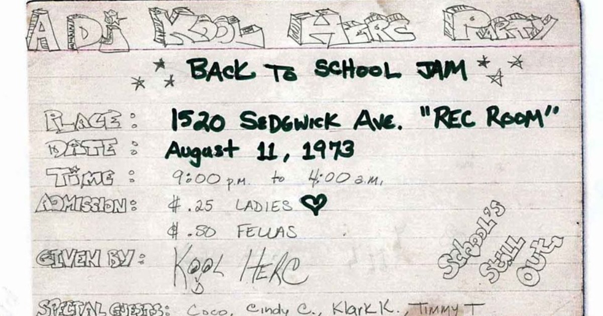 Original flyer for Kool Herc seminal party in Cedar & Sedgwick 1520 that started hip-hop and hip-hop mixtapes culture