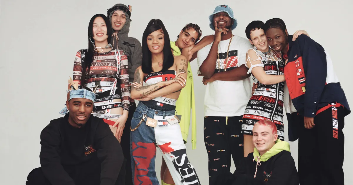  A diverse group of young people with different skin colors wearing clothes from a Tommy Hilfiger Streetwear and Luxury collaboration