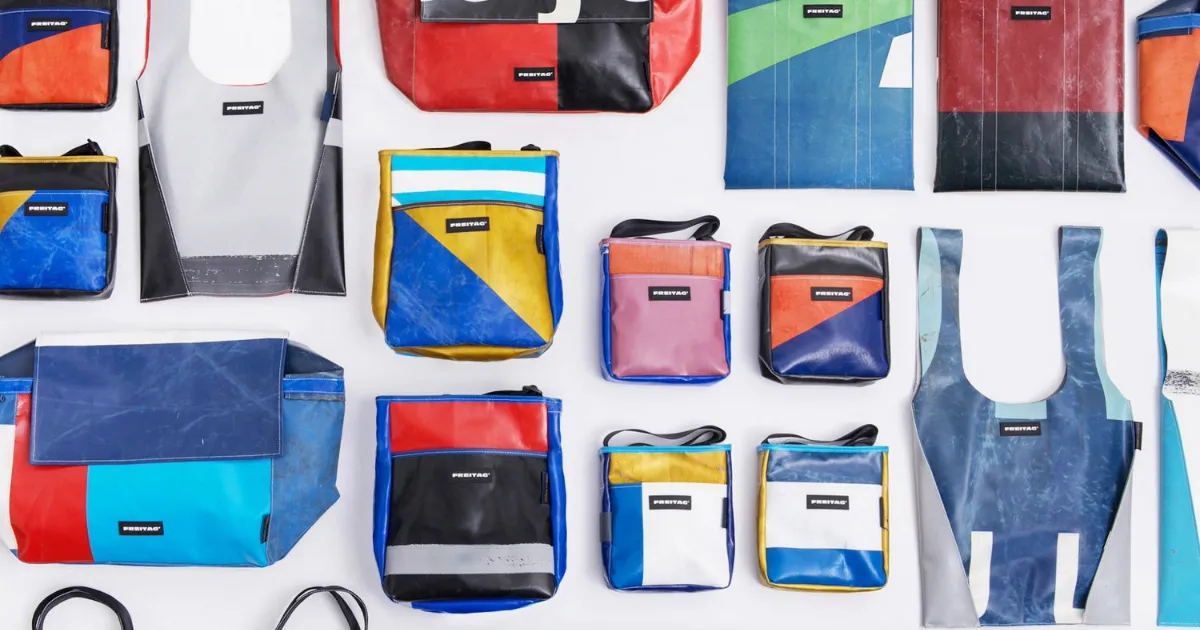 a variety of shapes and sizes of colorful bags for the luxury and streetwear collaboration between Comme des Garçons and  Freitag