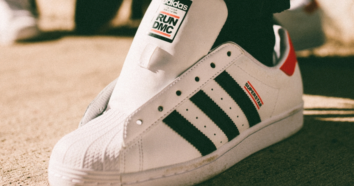 Run-DMC 35th anniversary Adidas Superstar collaboration white and black sneaker,
