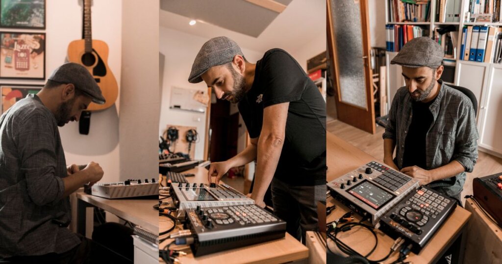 Luzee working in studio with his drum machines and samplers, Bologna 